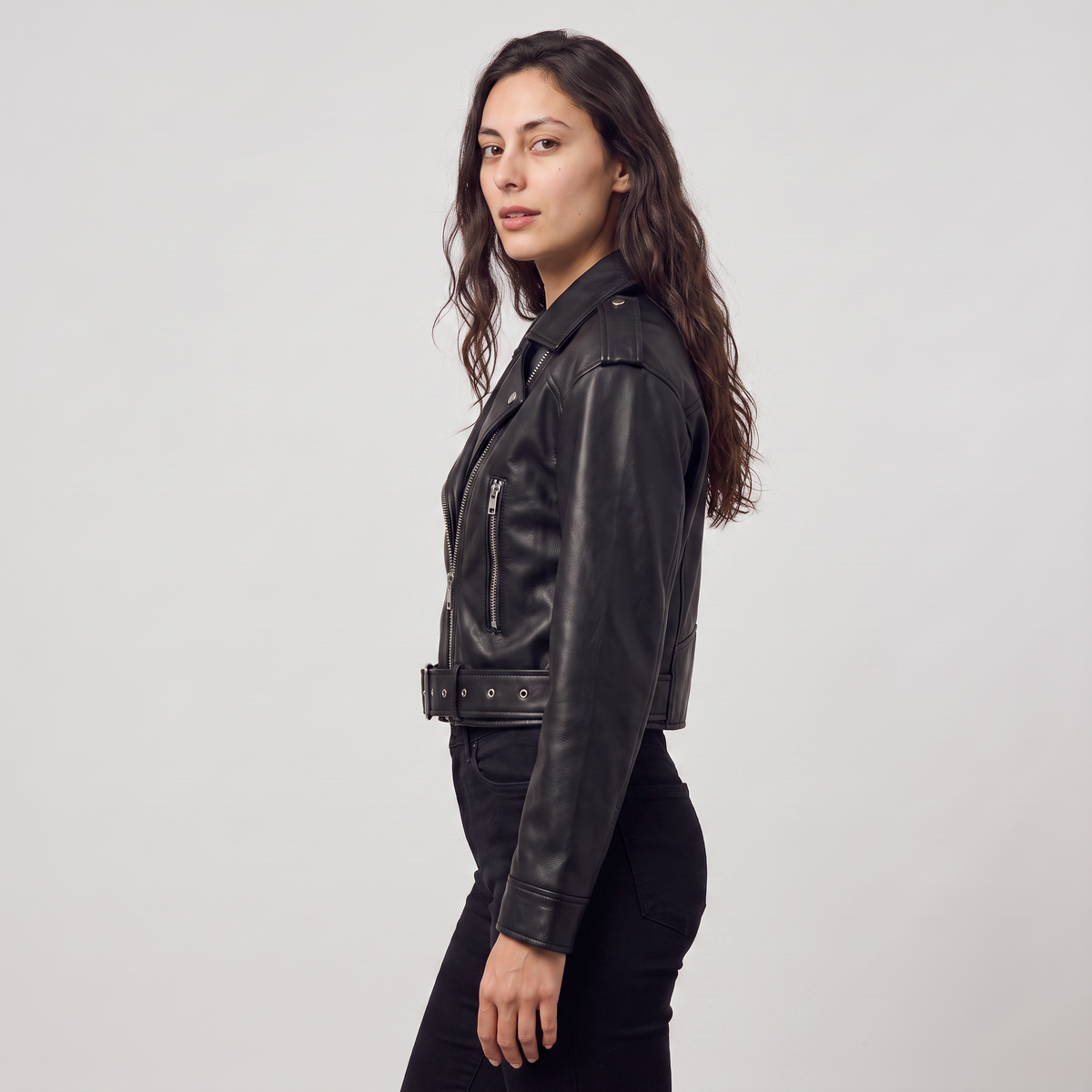 Women's Leather Cropped Biker Jacket with Belt