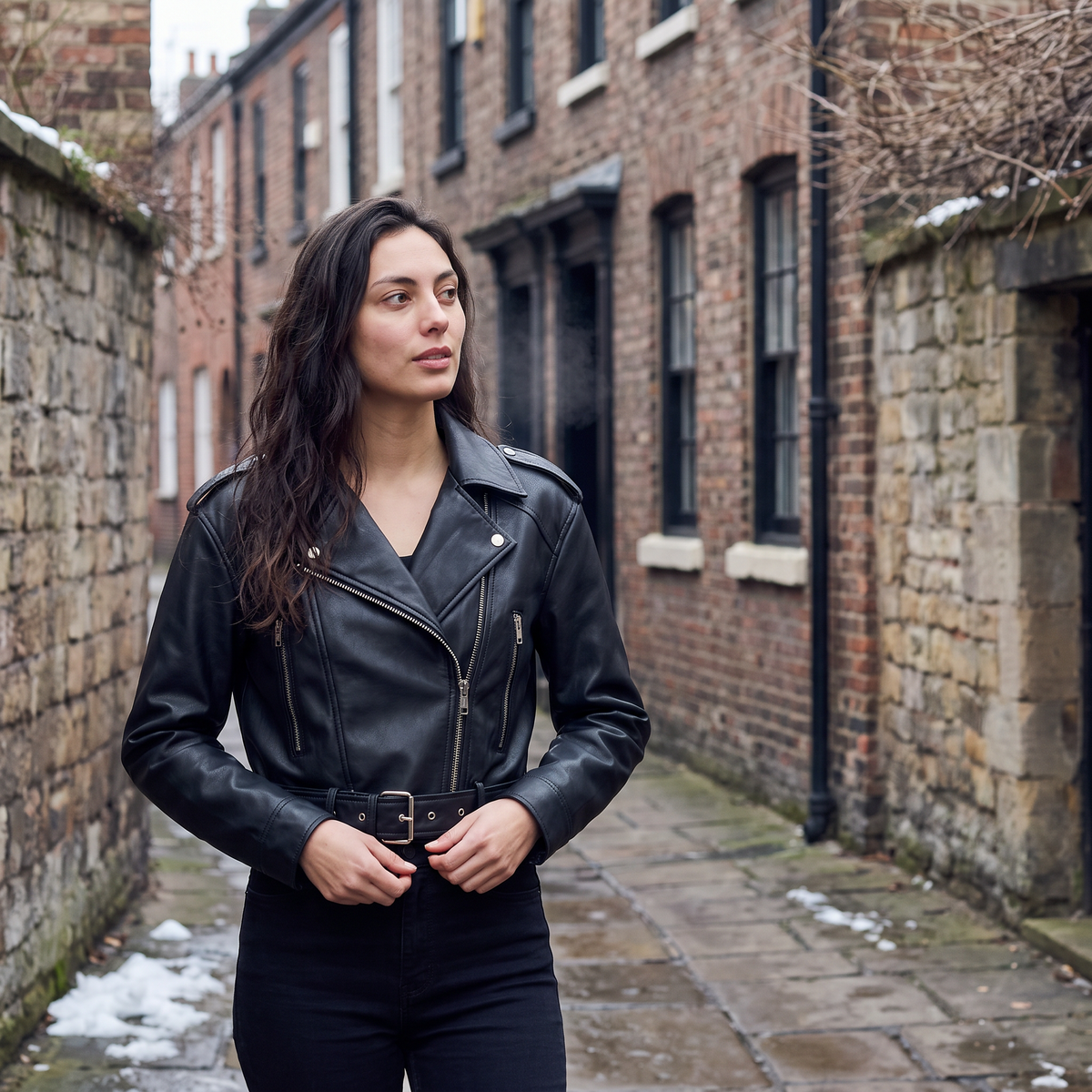 Women's Leather Cropped Biker Jacket with Belt