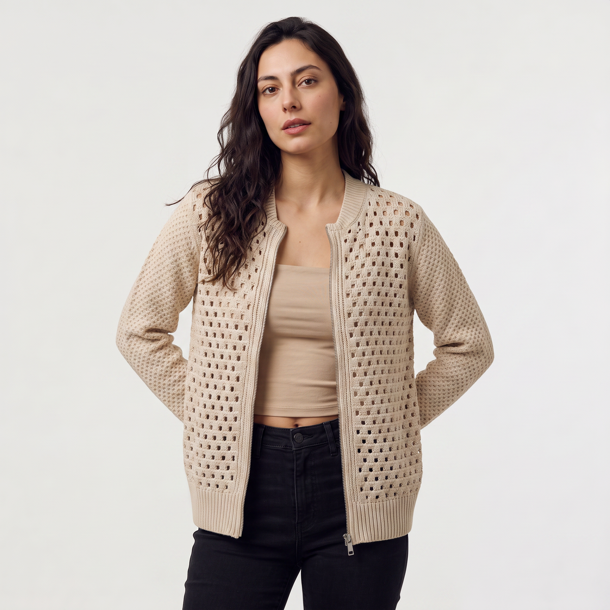Women's Hollow-Knit Zip Cardigan - Relaxed fit