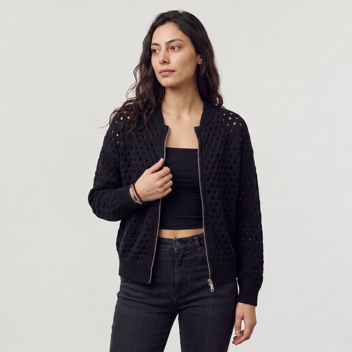 Women's Hollow-Knit Zip Cardigan - Relaxed fit