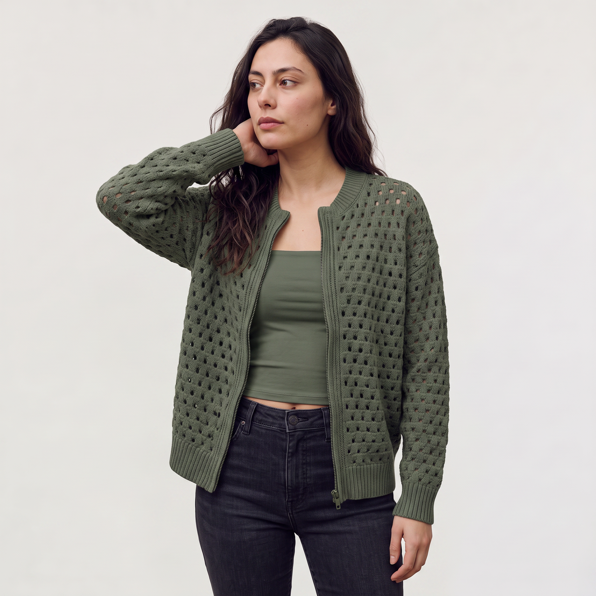 Women's Hollow-Knit Zip Cardigan - Relaxed fit