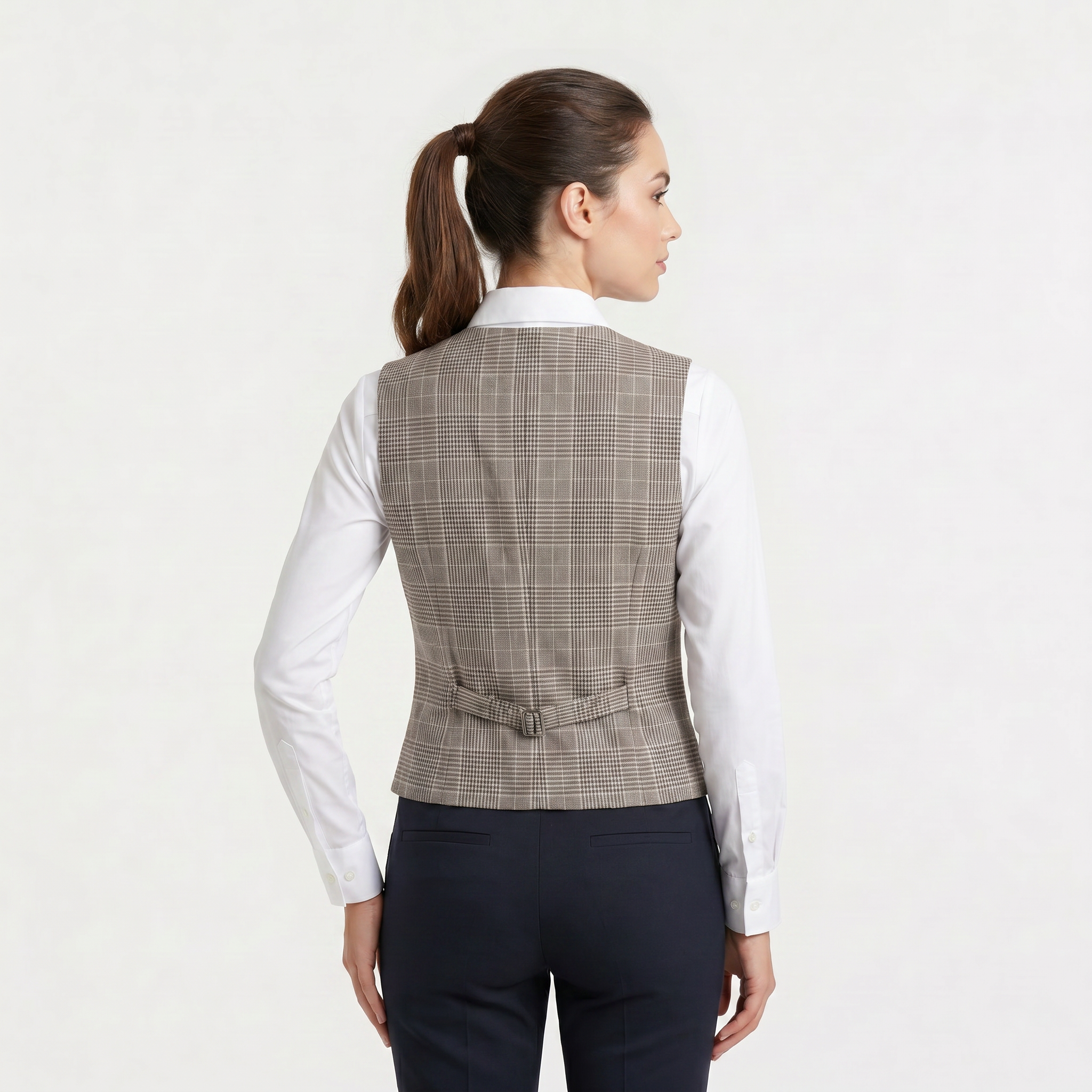 Women's Beige Plaid Button-Front Waistcoat