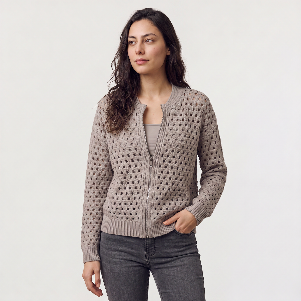 Women's Hollow-Knit Zip Cardigan - Relaxed fit