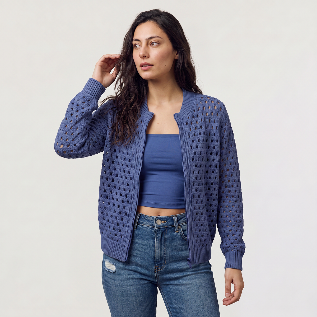 Women's Hollow-Knit Zip Cardigan - Relaxed fit