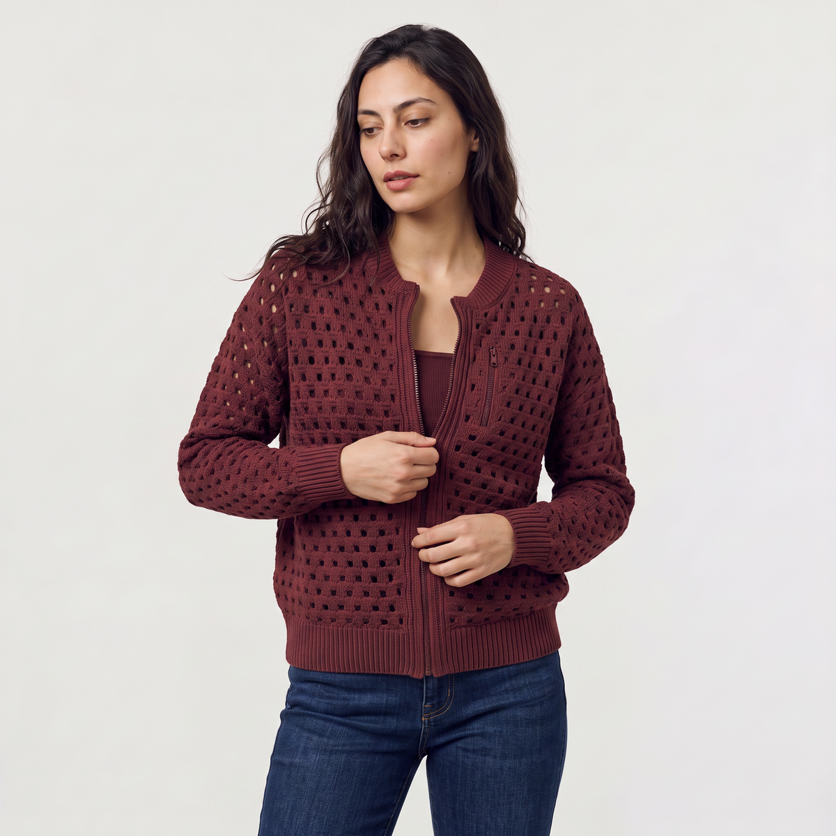 Women's Hollow-Knit Zip Cardigan - Relaxed fit