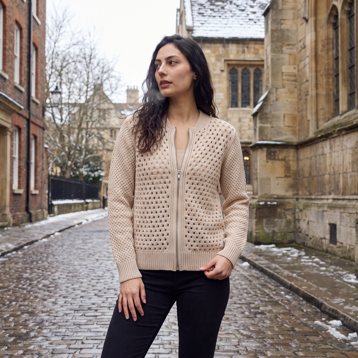 Women's Hollow-Knit Zip Cardigan - Relaxed fit