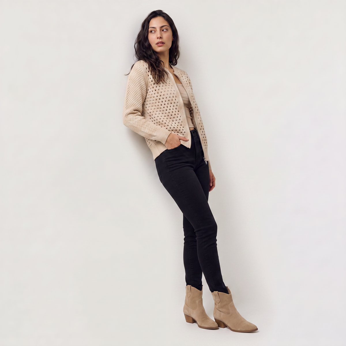Women's Hollow-Knit Zip Cardigan - Relaxed fit