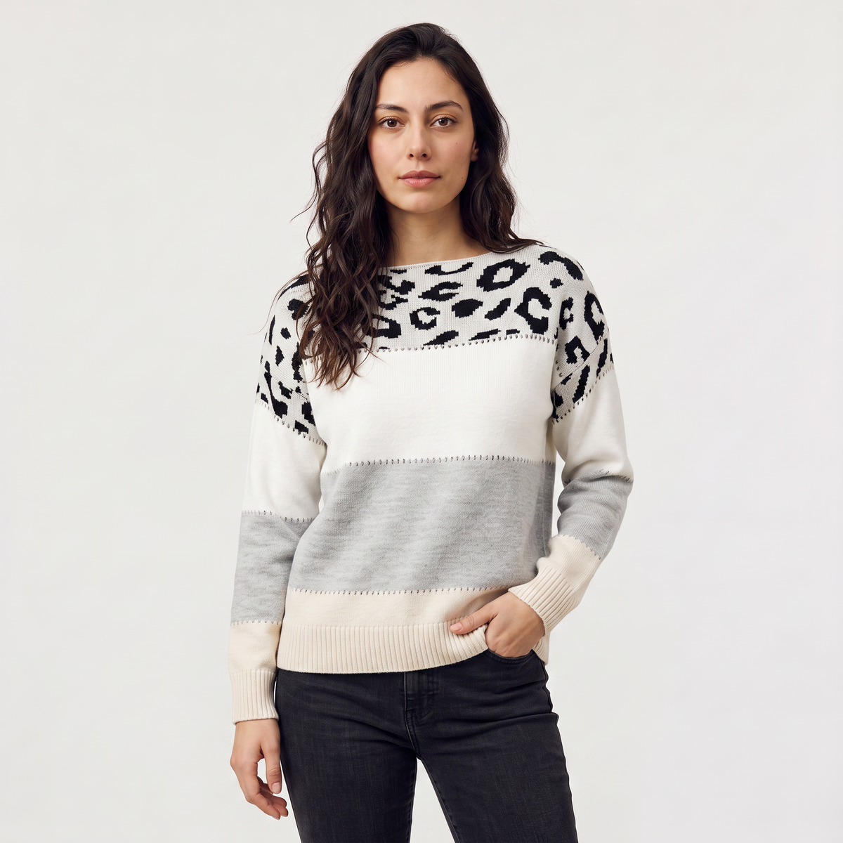 Women's Colour-Block Leopard Print Jumper