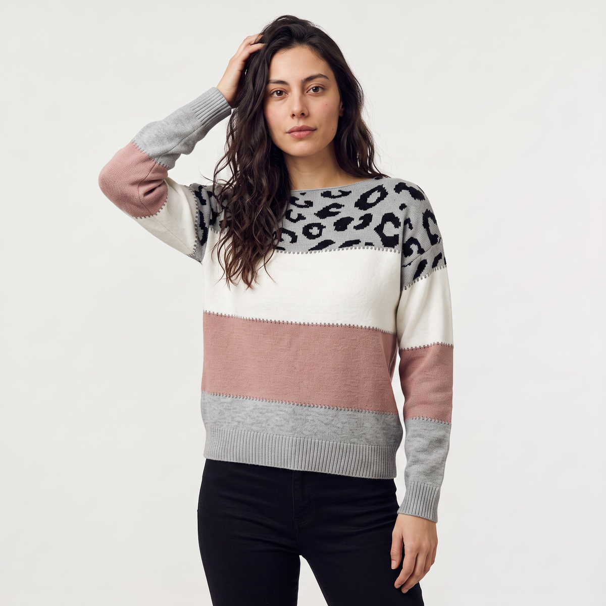 Women's Colour-Block Leopard Print Jumper
