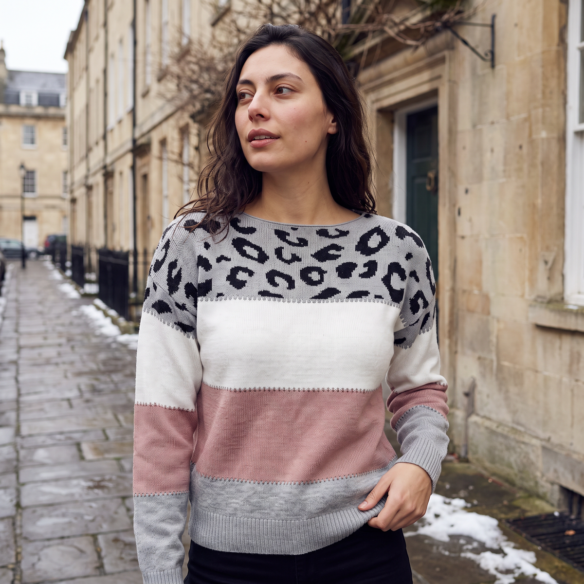 Women's Colour-Block Leopard Print Jumper