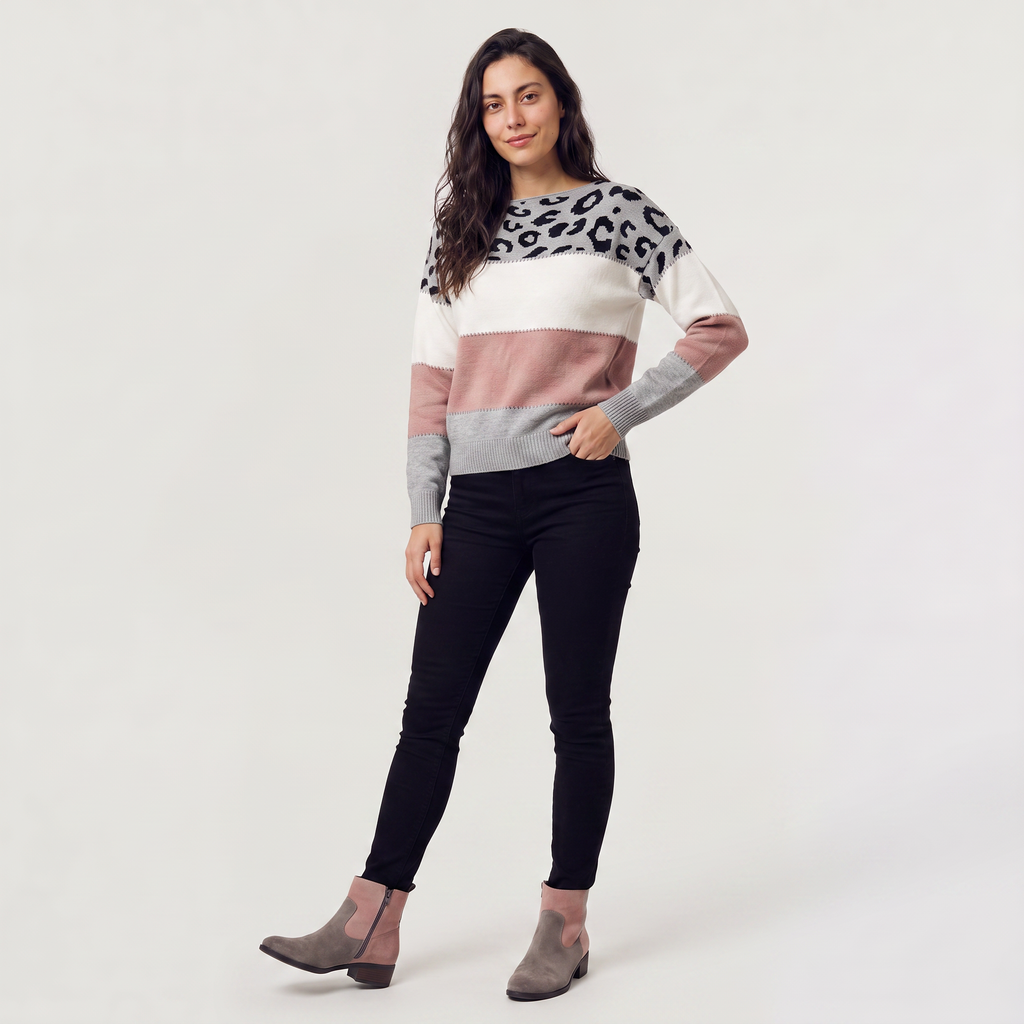 Women's Colour-Block Leopard Print Jumper