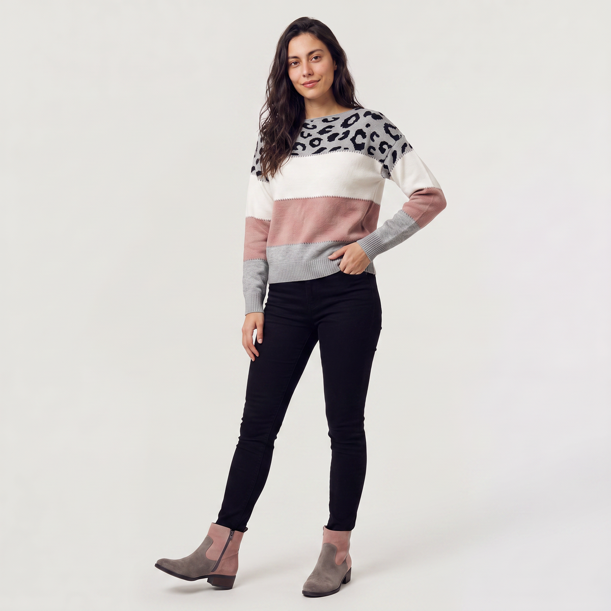 Women's Colour-Block Leopard Print Jumper