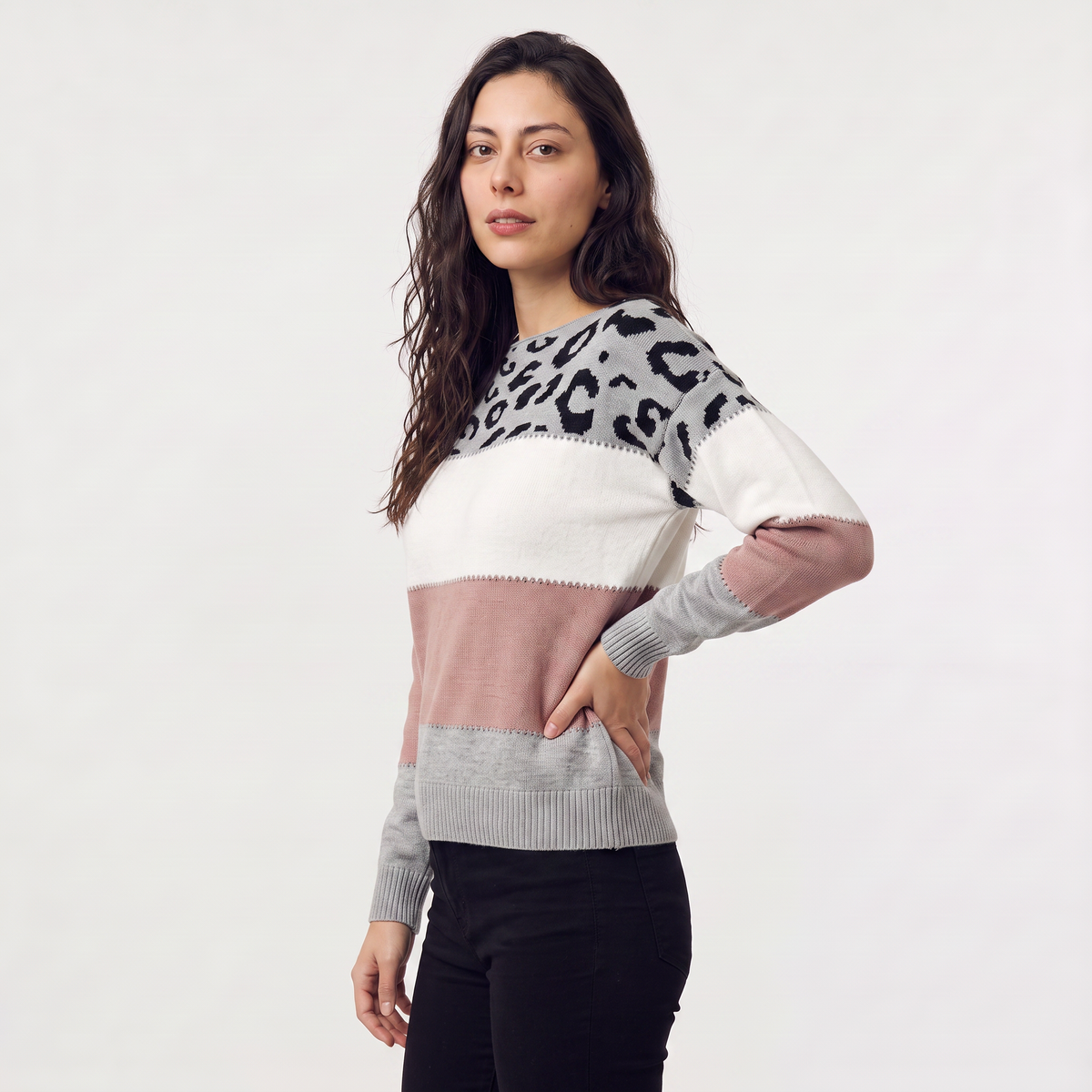 Women's Colour-Block Leopard Print Jumper