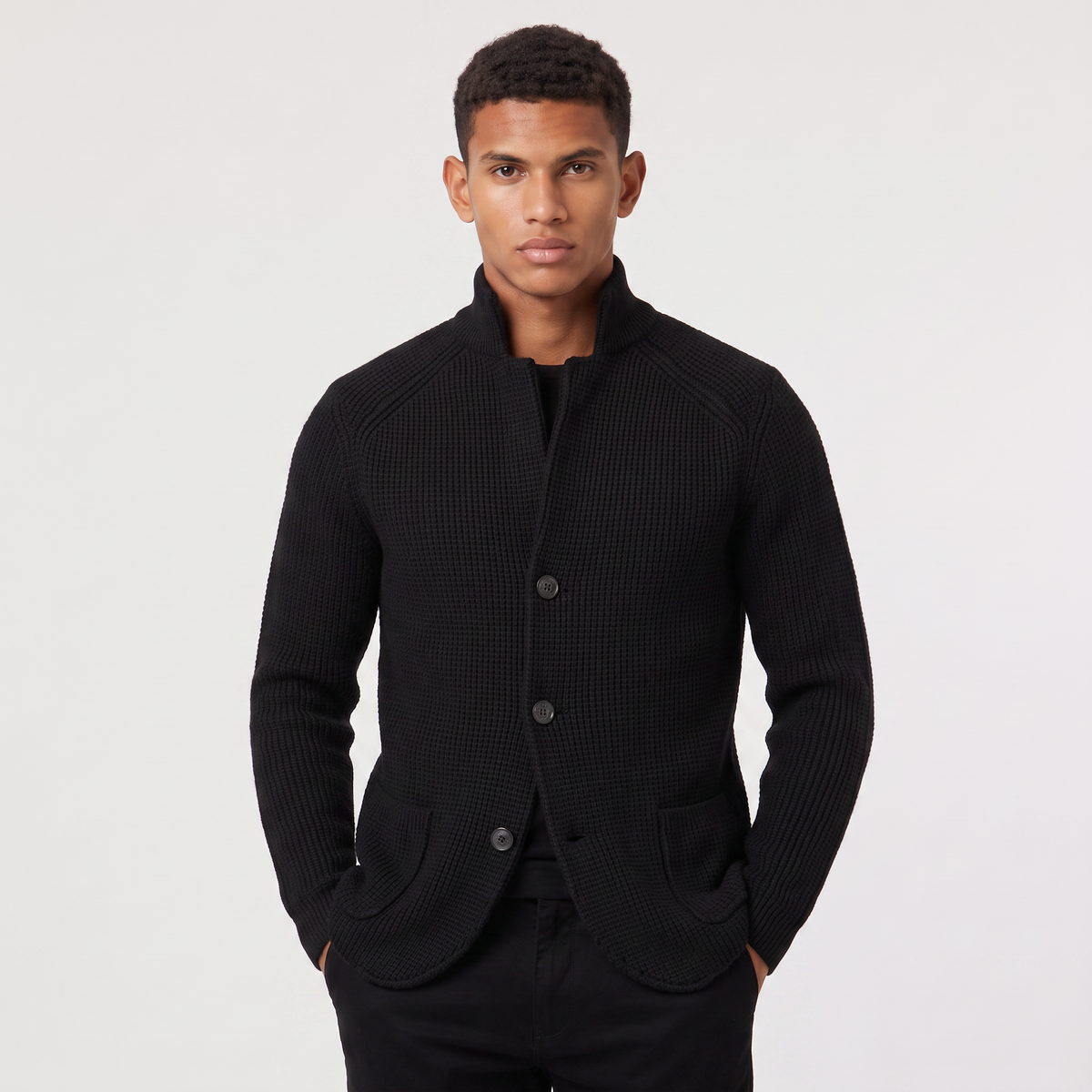 Men's Stand Collar Button-Front Knit Cardigan