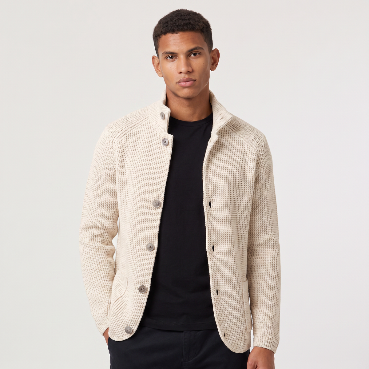 Men's Stand Collar Button-Front Knit Cardigan