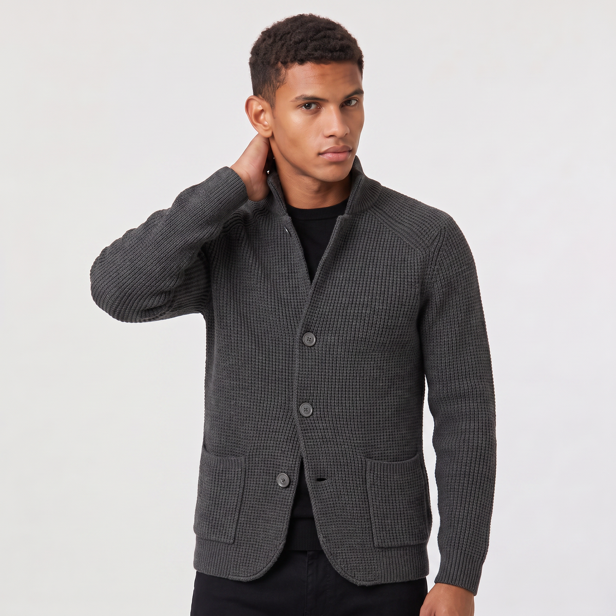 Men's Stand Collar Button-Front Knit Cardigan