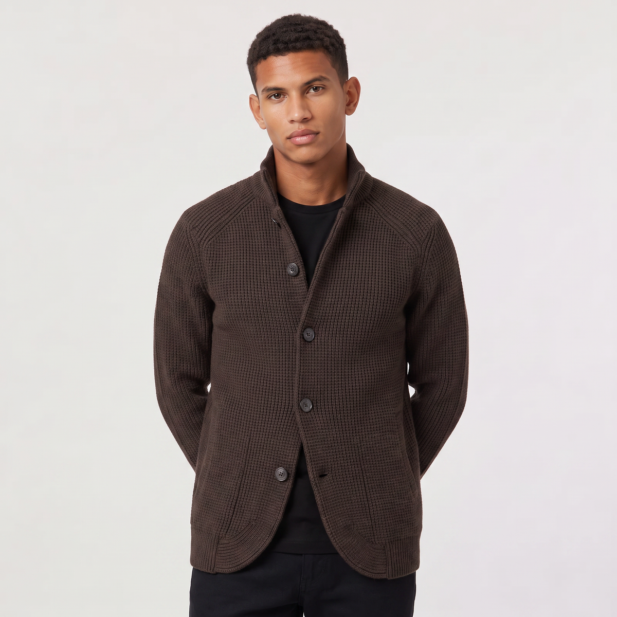 Men's Stand Collar Button-Front Knit Cardigan