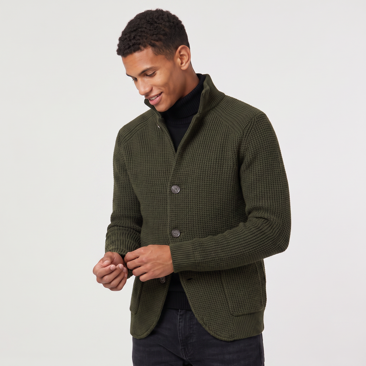 Men's Stand Collar Button-Front Knit Cardigan