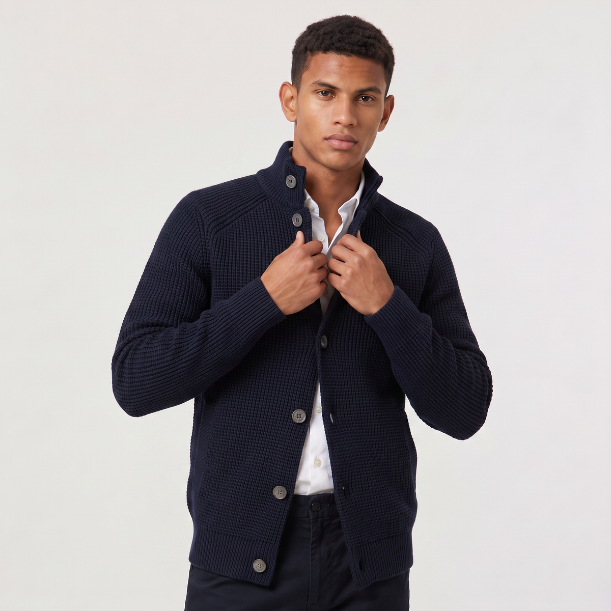 Men's Stand Collar Button-Front Knit Cardigan