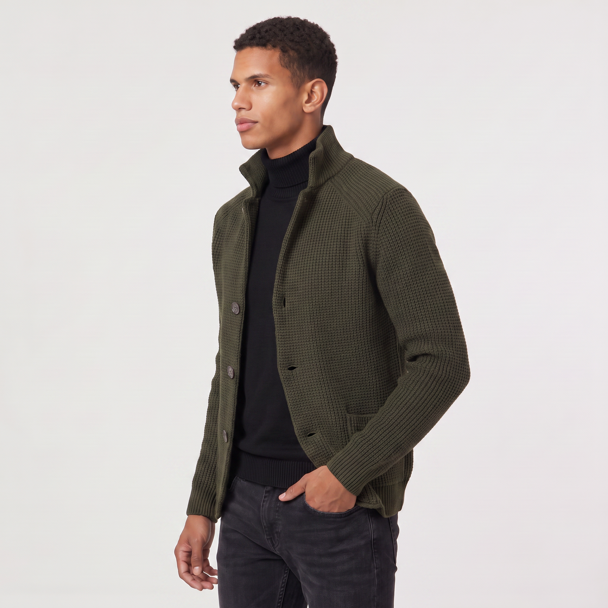 Men's Stand Collar Button-Front Knit Cardigan