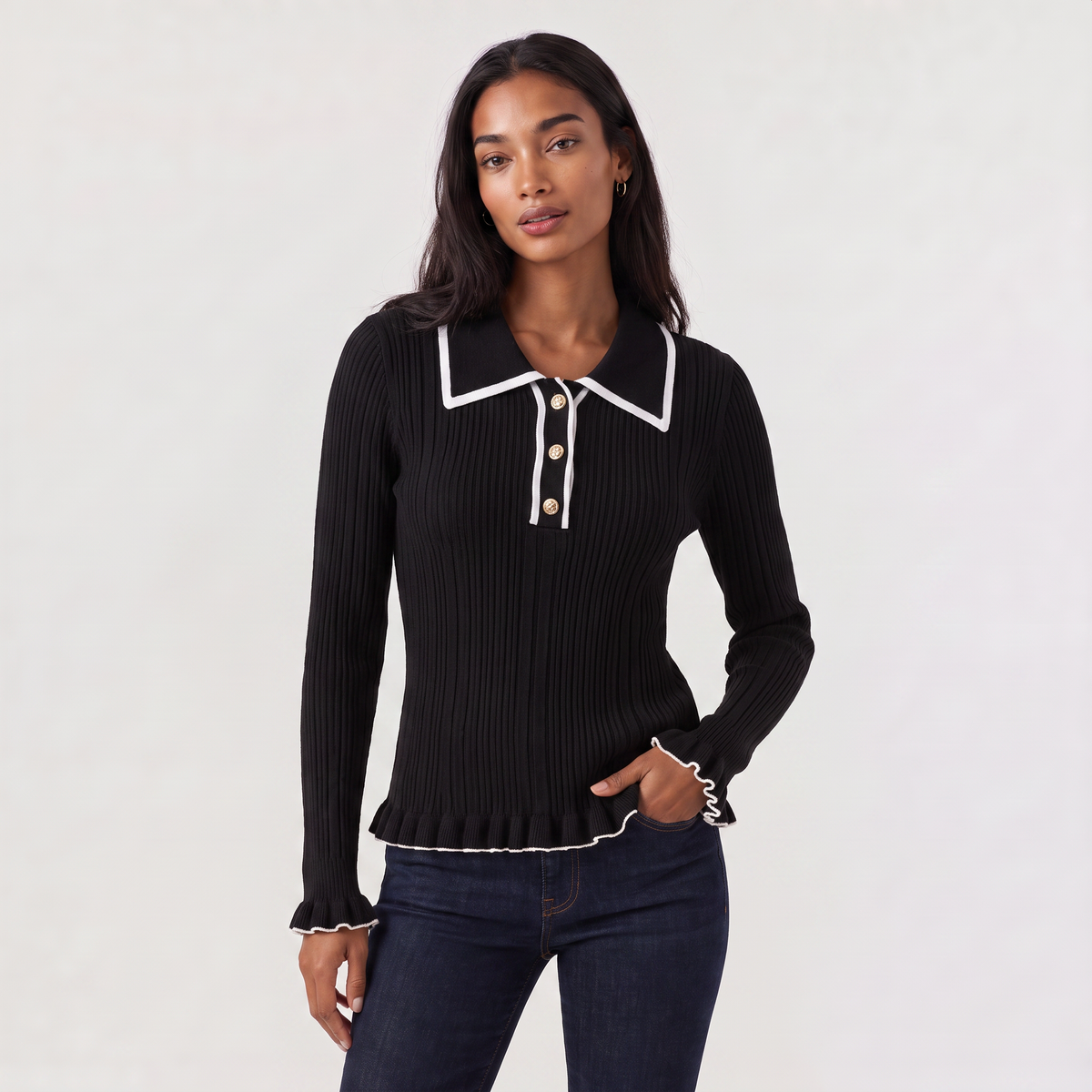 Women's Ribbed Polo Knit Jumper - Fitted Top