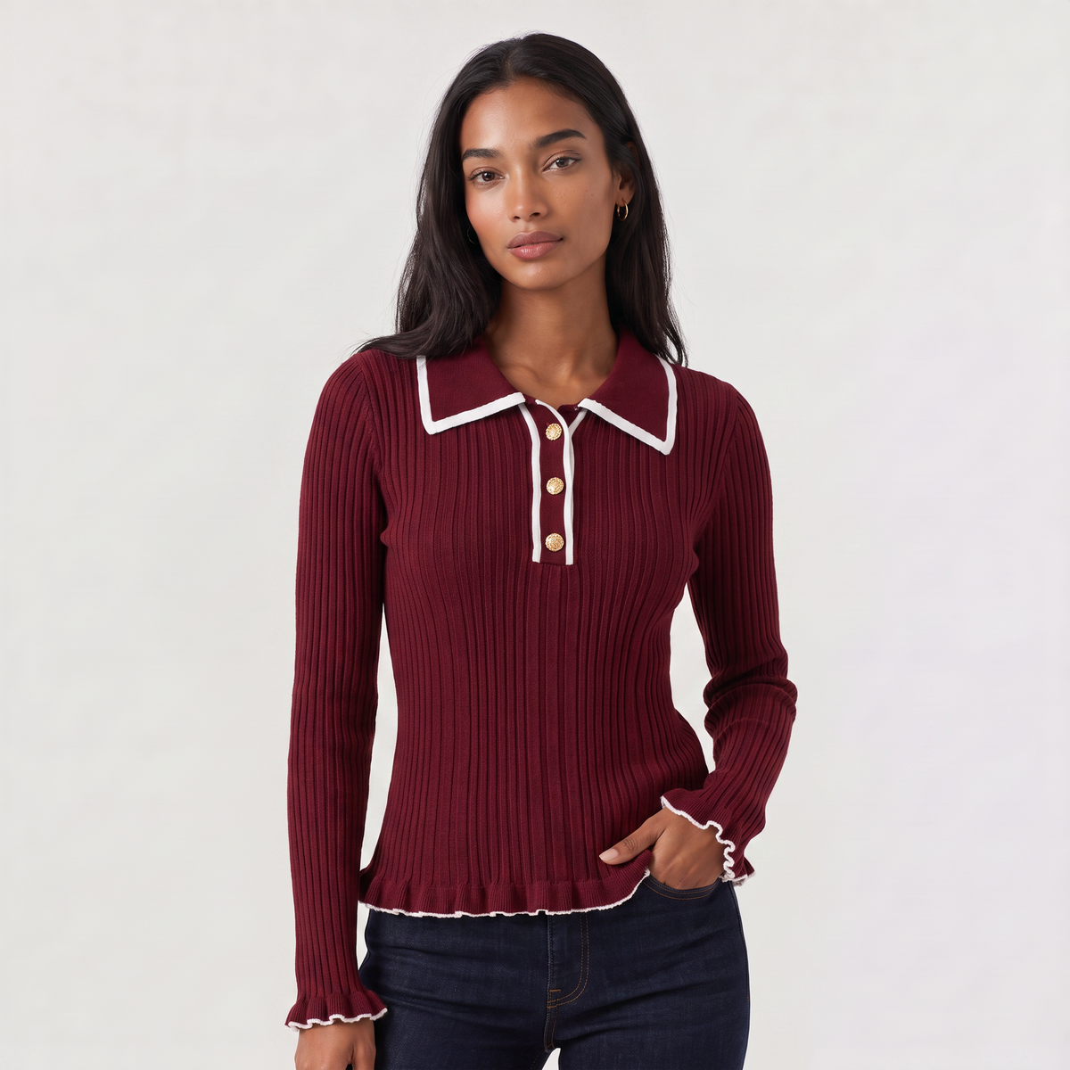 Women's Ribbed Polo Knit Jumper - Fitted Top