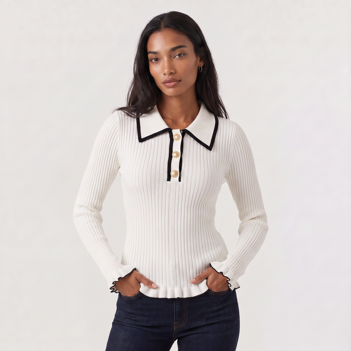 Women's Ribbed Polo Knit Jumper - Fitted Top