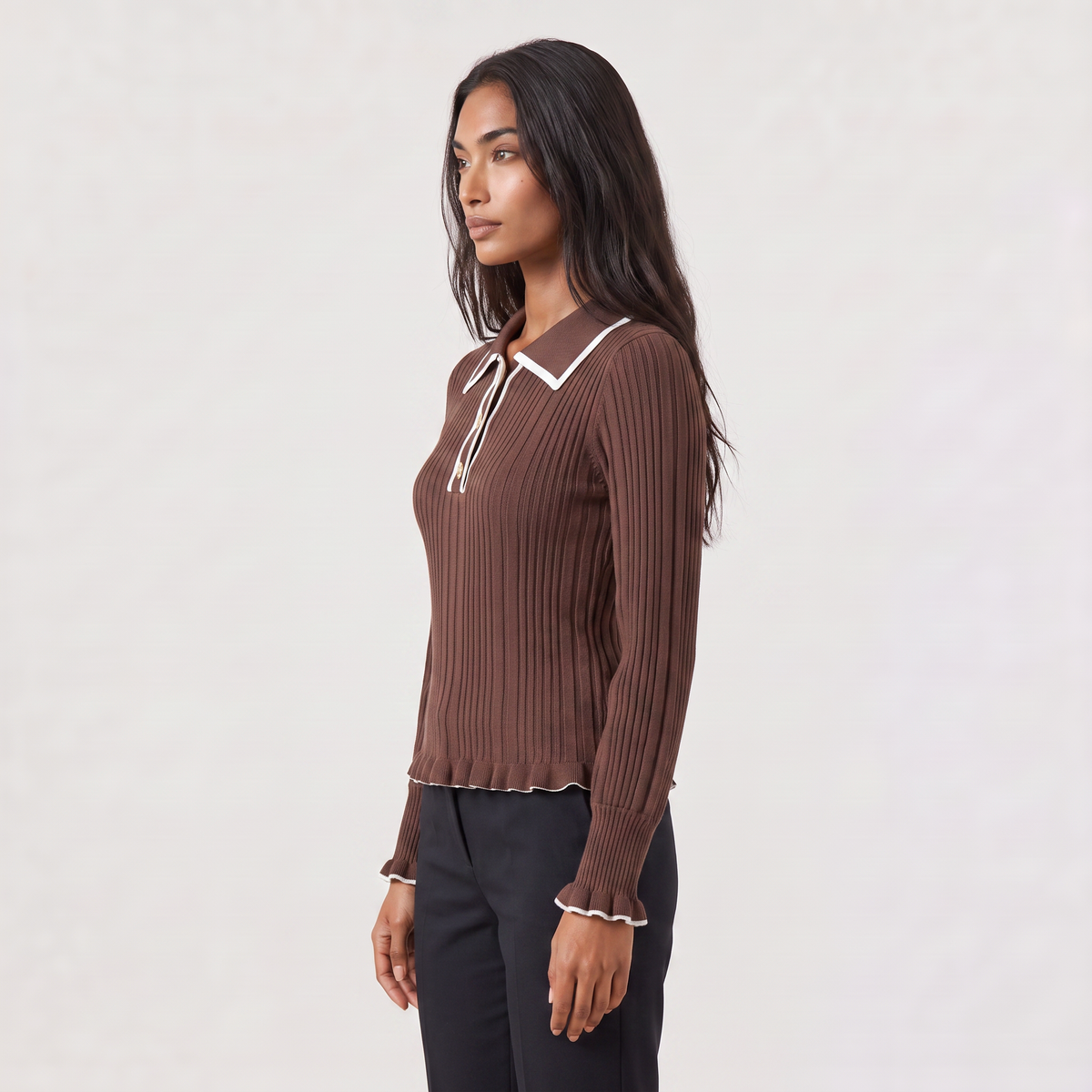 Women's Ribbed Polo Knit Jumper - Fitted Top