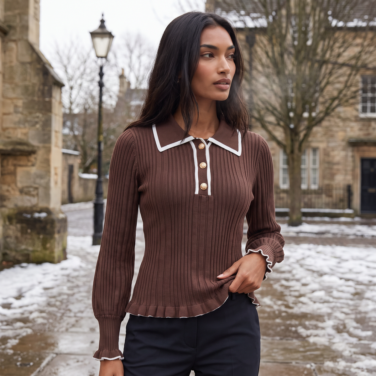 Women's Ribbed Polo Knit Jumper - Fitted Top