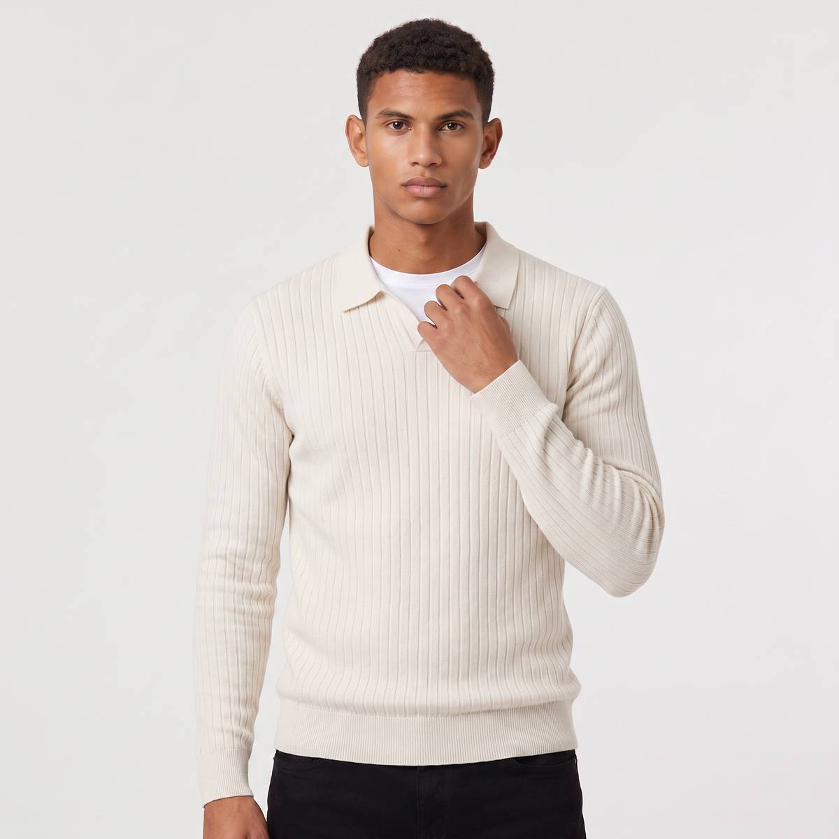 Men's Ribbed Knit Polo Jumper