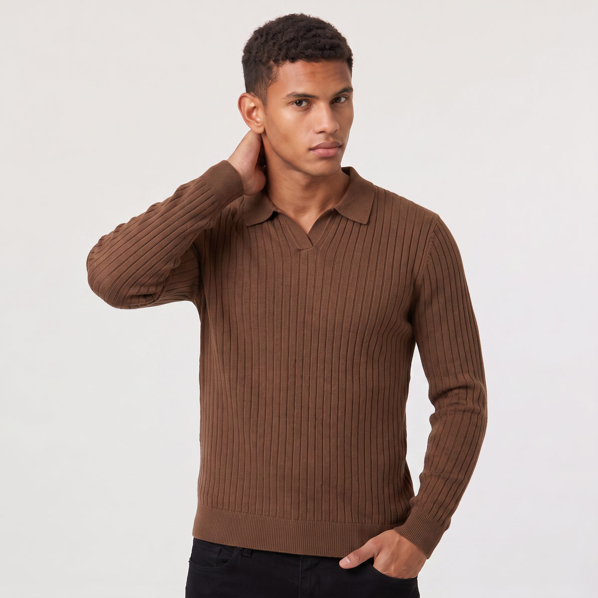 Men's Ribbed Knit Polo Jumper