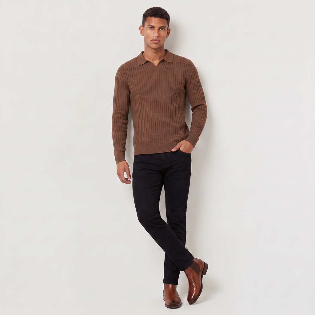 Men's Ribbed Knit Polo Jumper