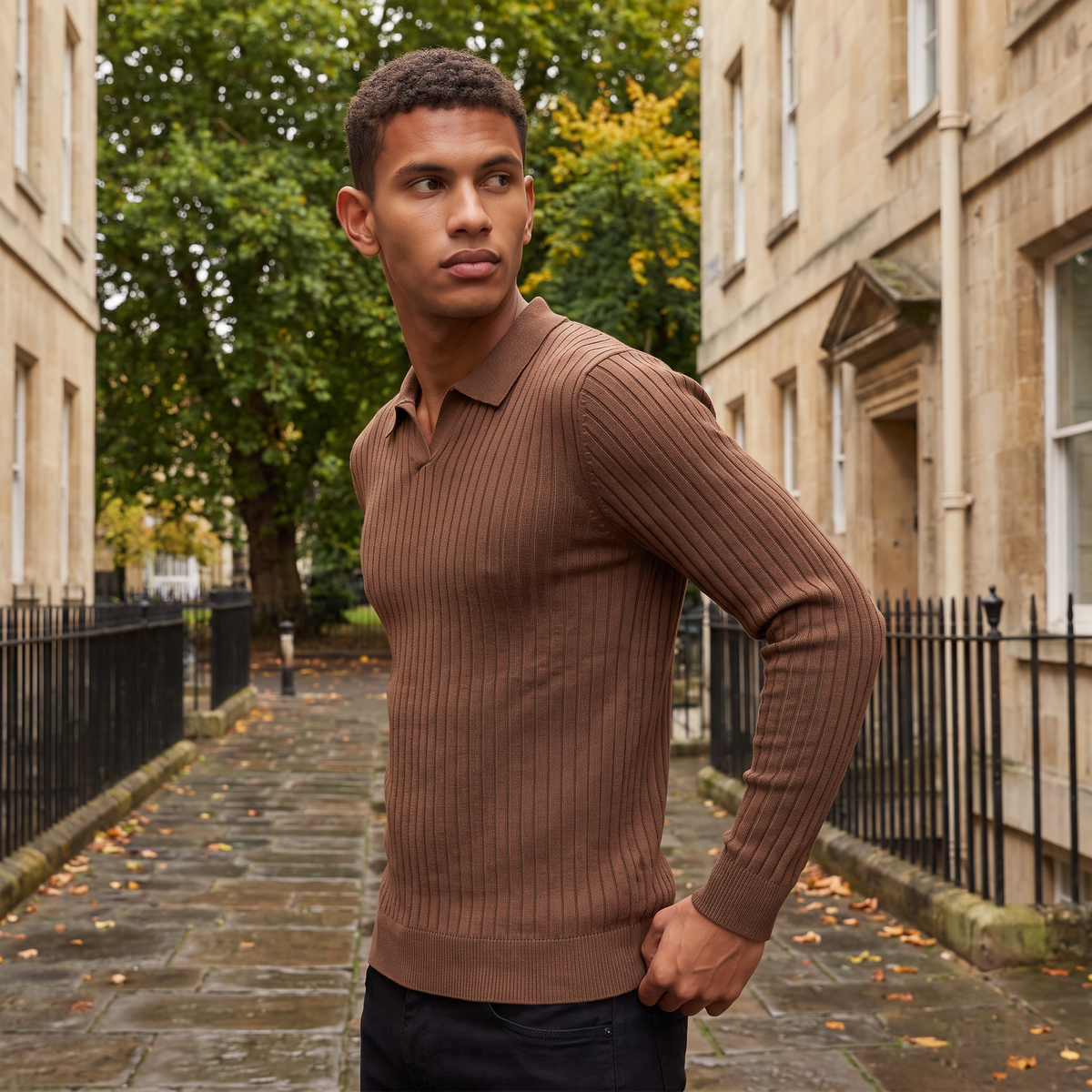Men's Ribbed Knit Polo Jumper