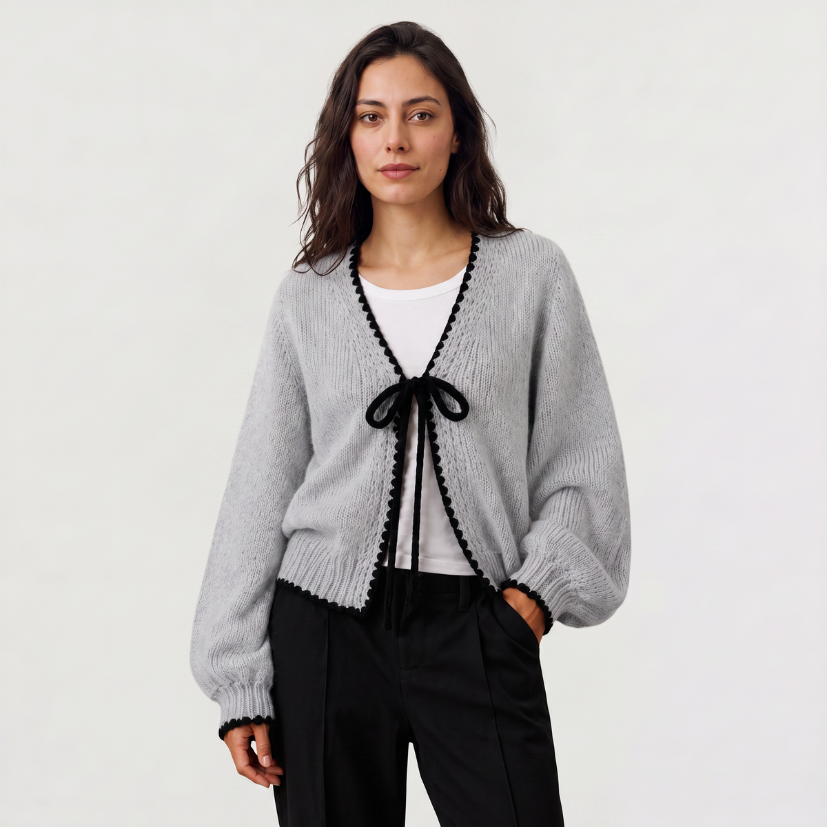 Women's Scallopped Trim Tie-Front Knit Cardigan
