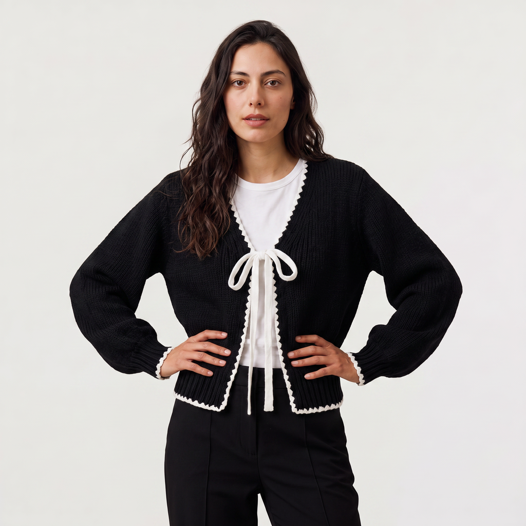 Women's Scallopped Trim Tie-Front Knit Cardigan