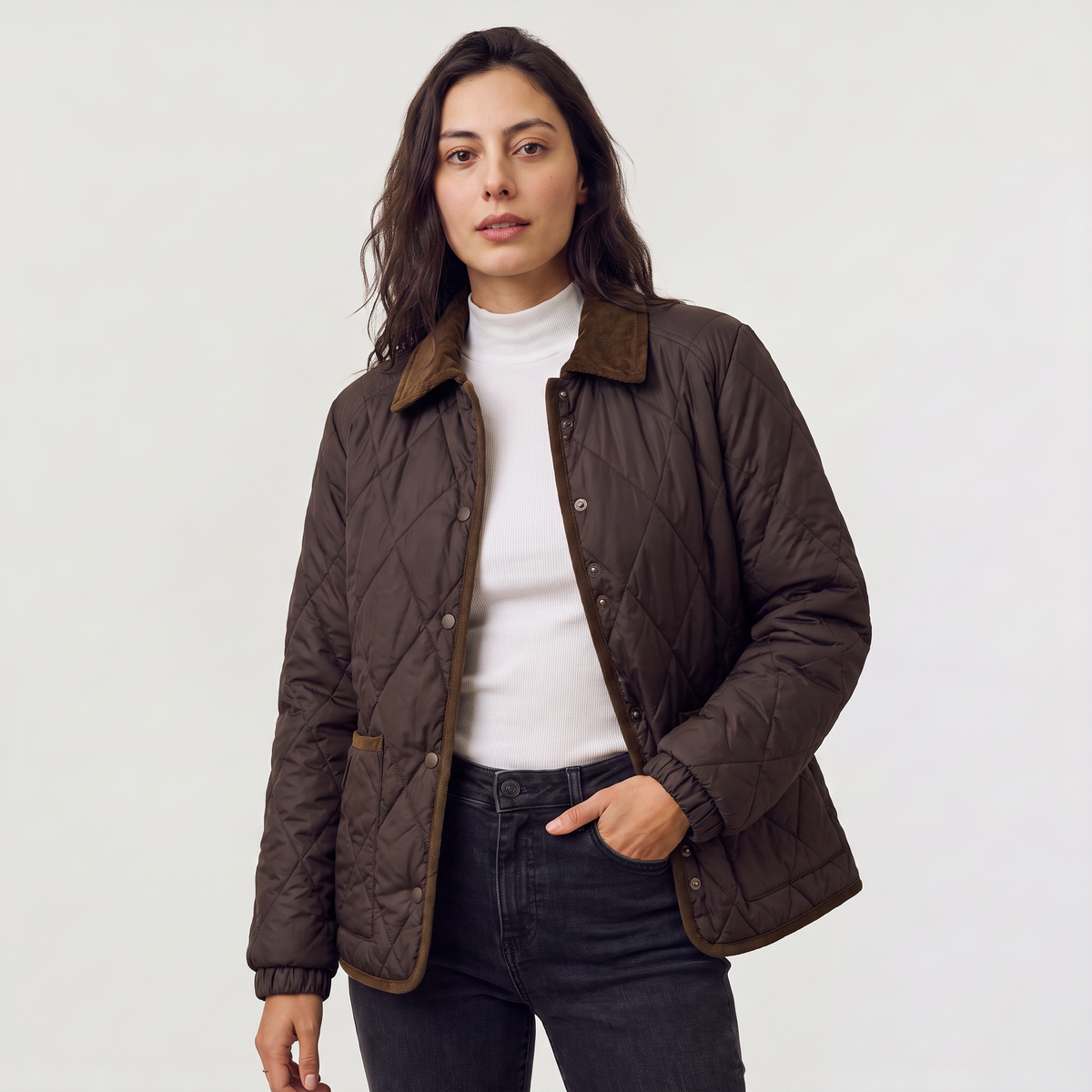 Women’s Quilted Puffer Jacket with Corduroy Collar
