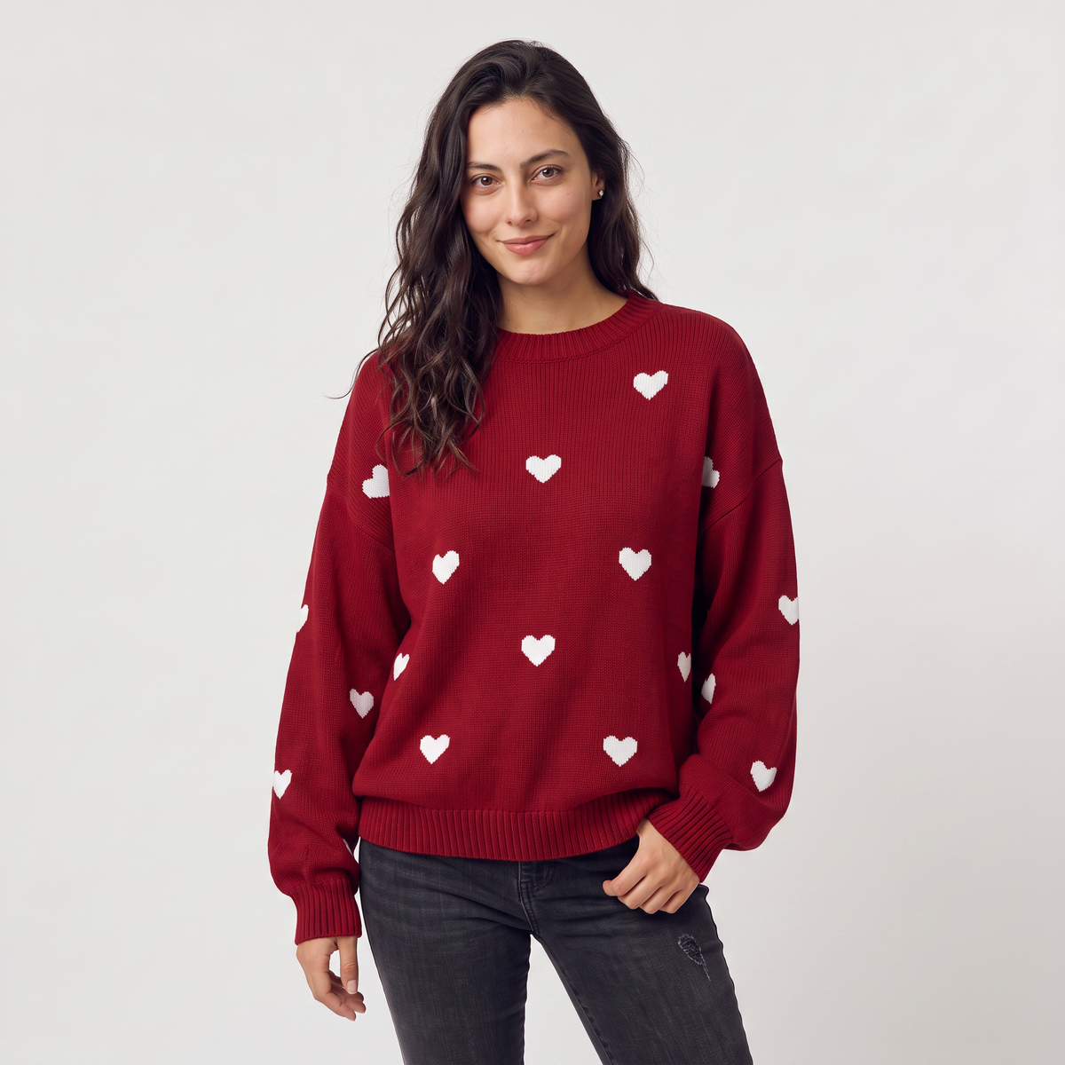 Women’s Heart Pattern Knitted Jumper - Drop Shoulder Fit