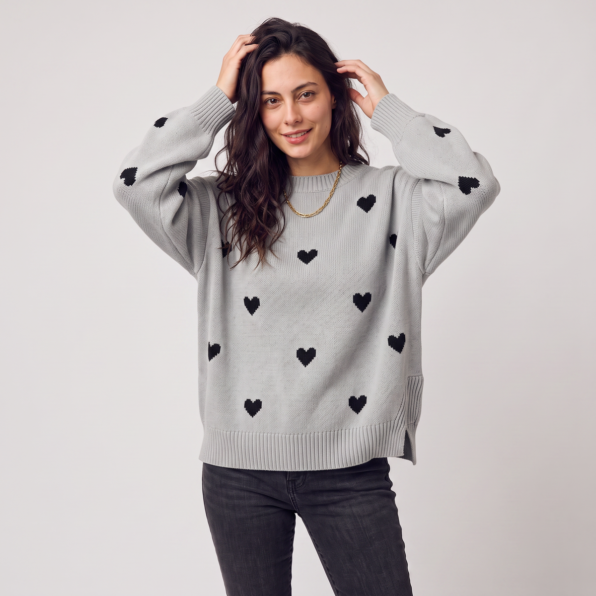 Women’s Heart Pattern Knitted Jumper - Drop Shoulder Fit