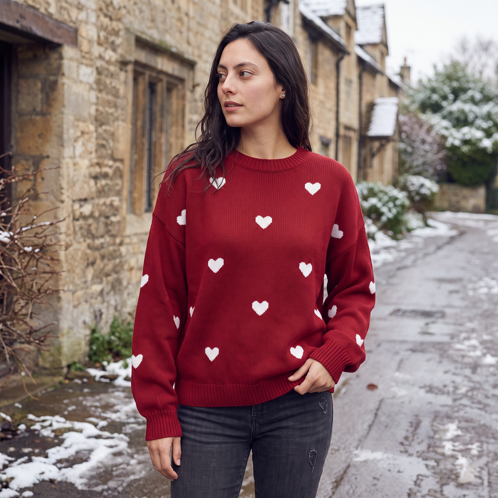 Women’s Heart Pattern Knitted Jumper - Drop Shoulder Fit