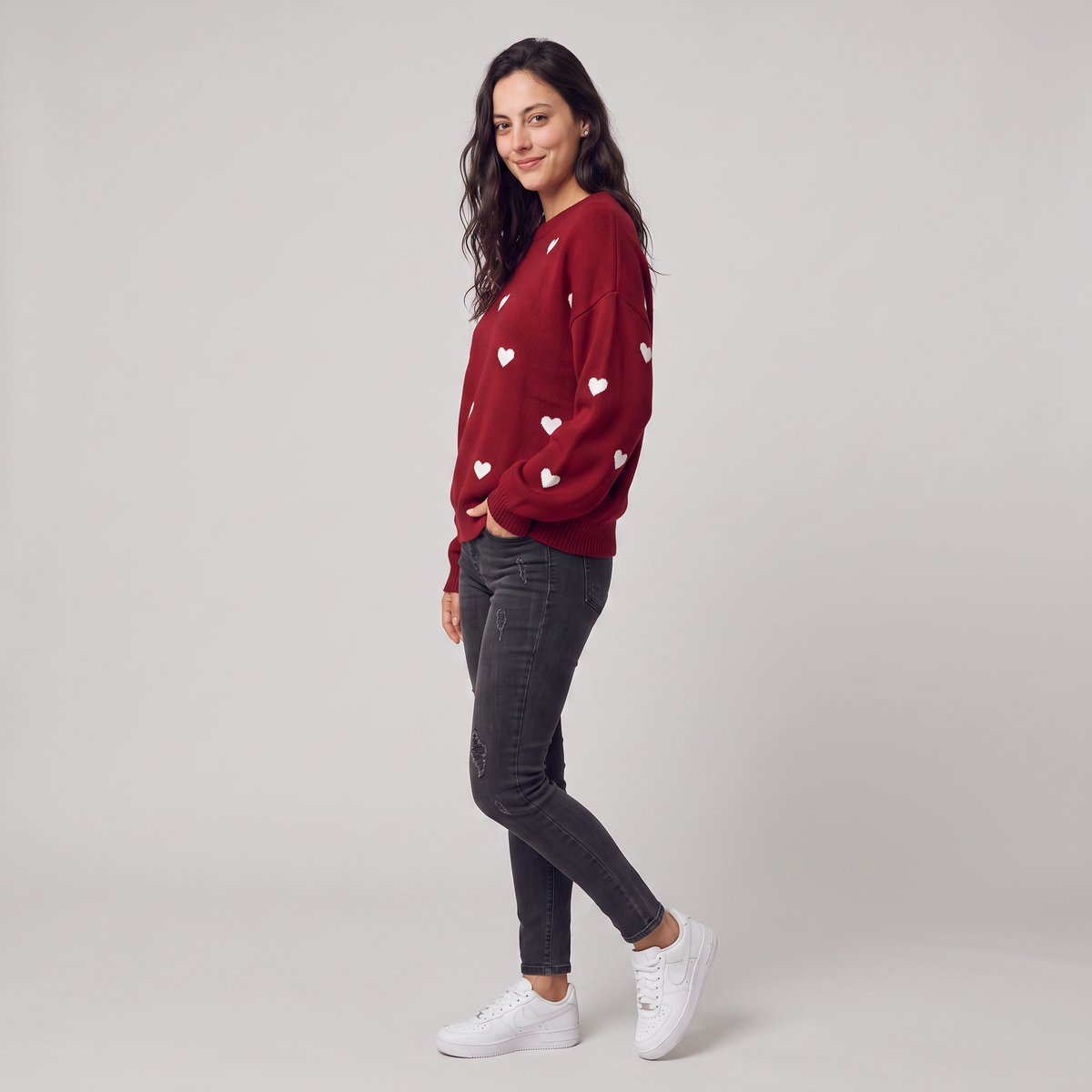 Women’s Heart Pattern Knitted Jumper - Drop Shoulder Fit