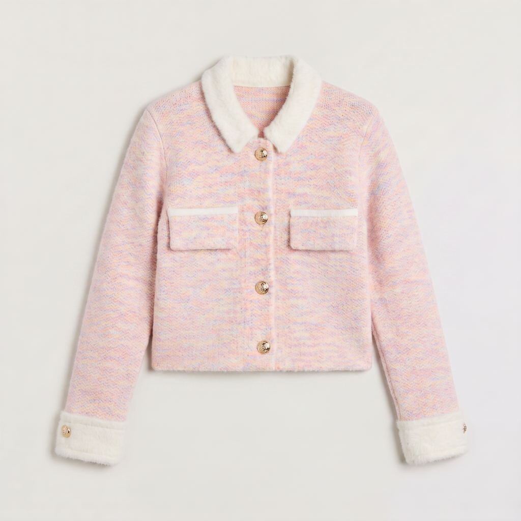Women’s Cropped Knitted Cardigan with Contrast Collar