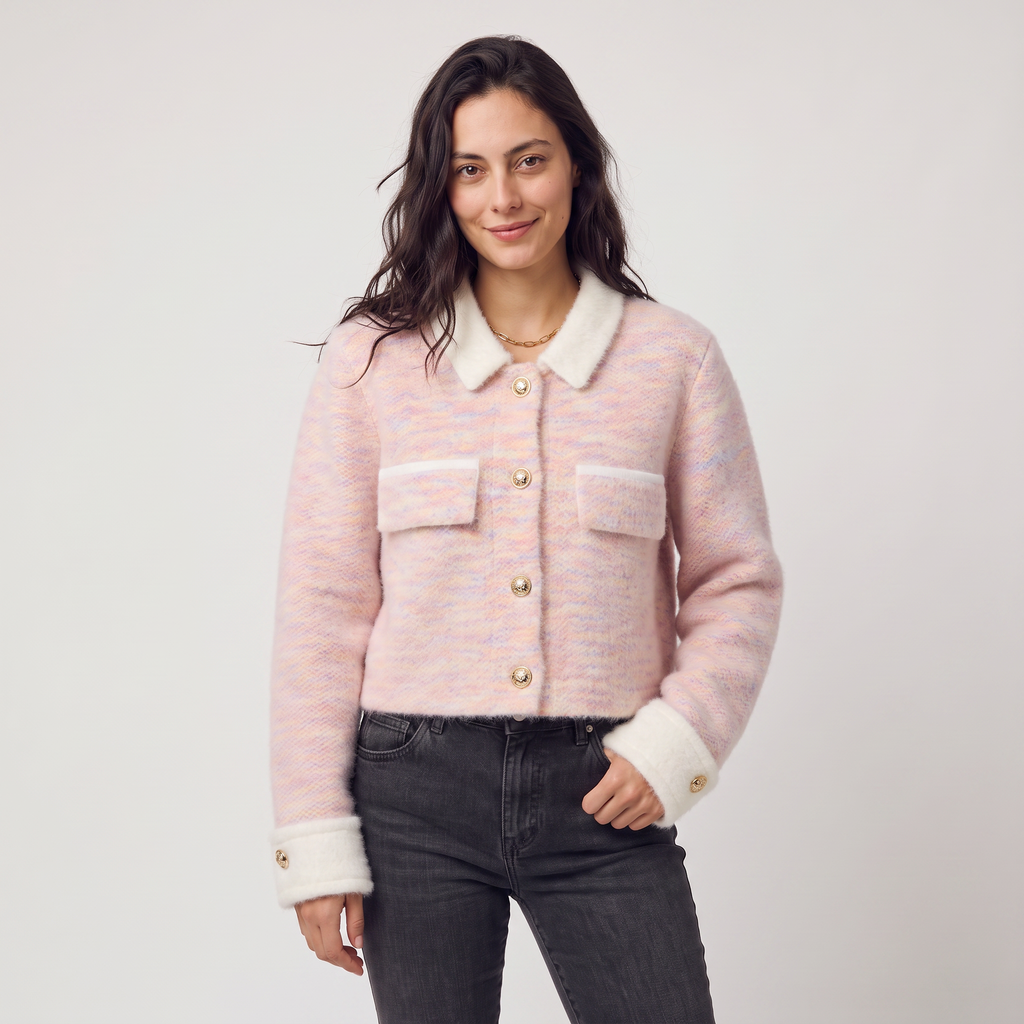 Women’s Cropped Knitted Cardigan with Contrast Collar