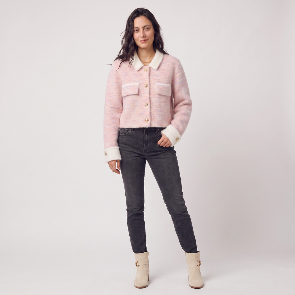 Women’s Cropped Knitted Cardigan with Contrast Collar