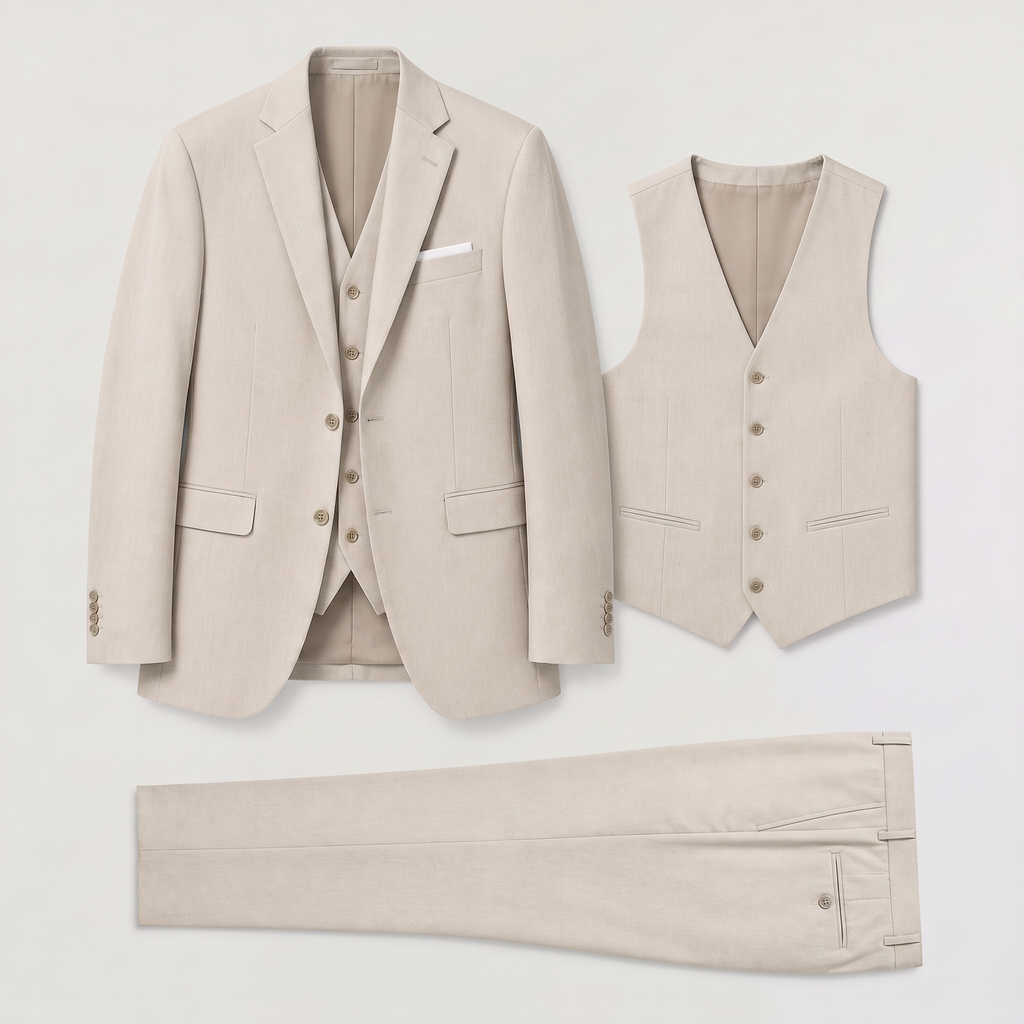 Men's Linen Three-Piece Tailored Suit with Waistcoat