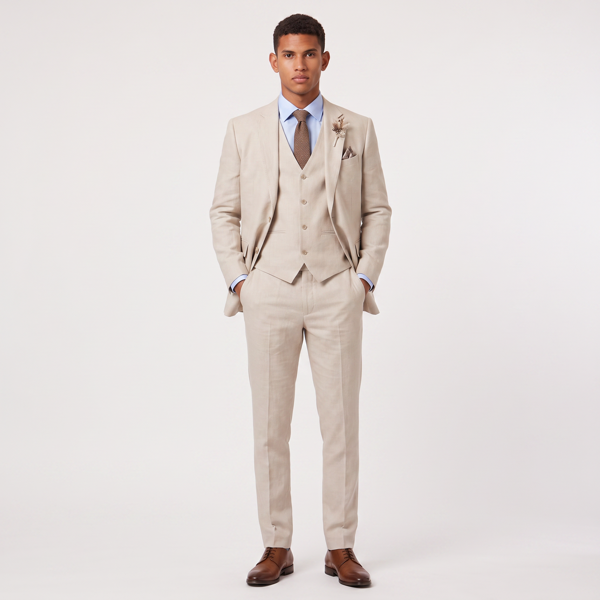 Men's Linen Three-Piece Tailored Suit with Waistcoat