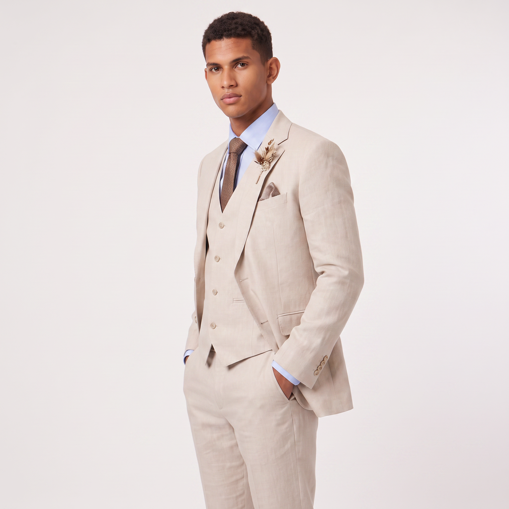 Men's Linen Three-Piece Tailored Suit with Waistcoat