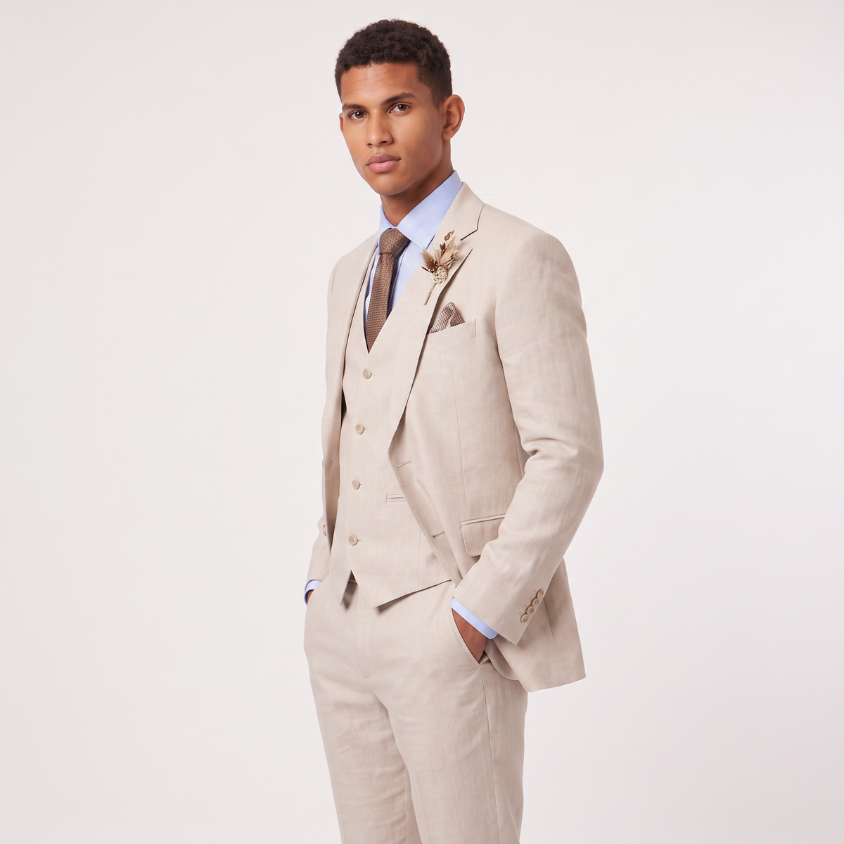 Men's Linen Three-Piece Tailored Suit with Waistcoat