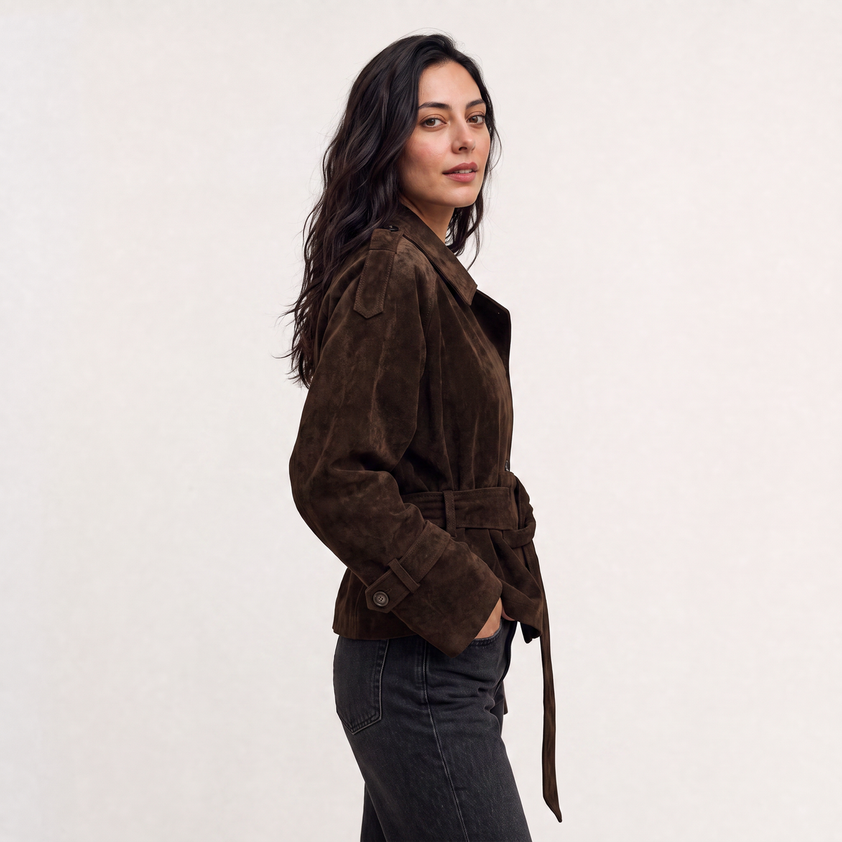 Women's Cropped Suede Trench Jacket