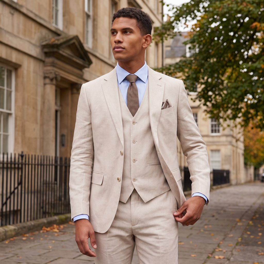 Men's Linen Three-Piece Tailored Suit with Waistcoat