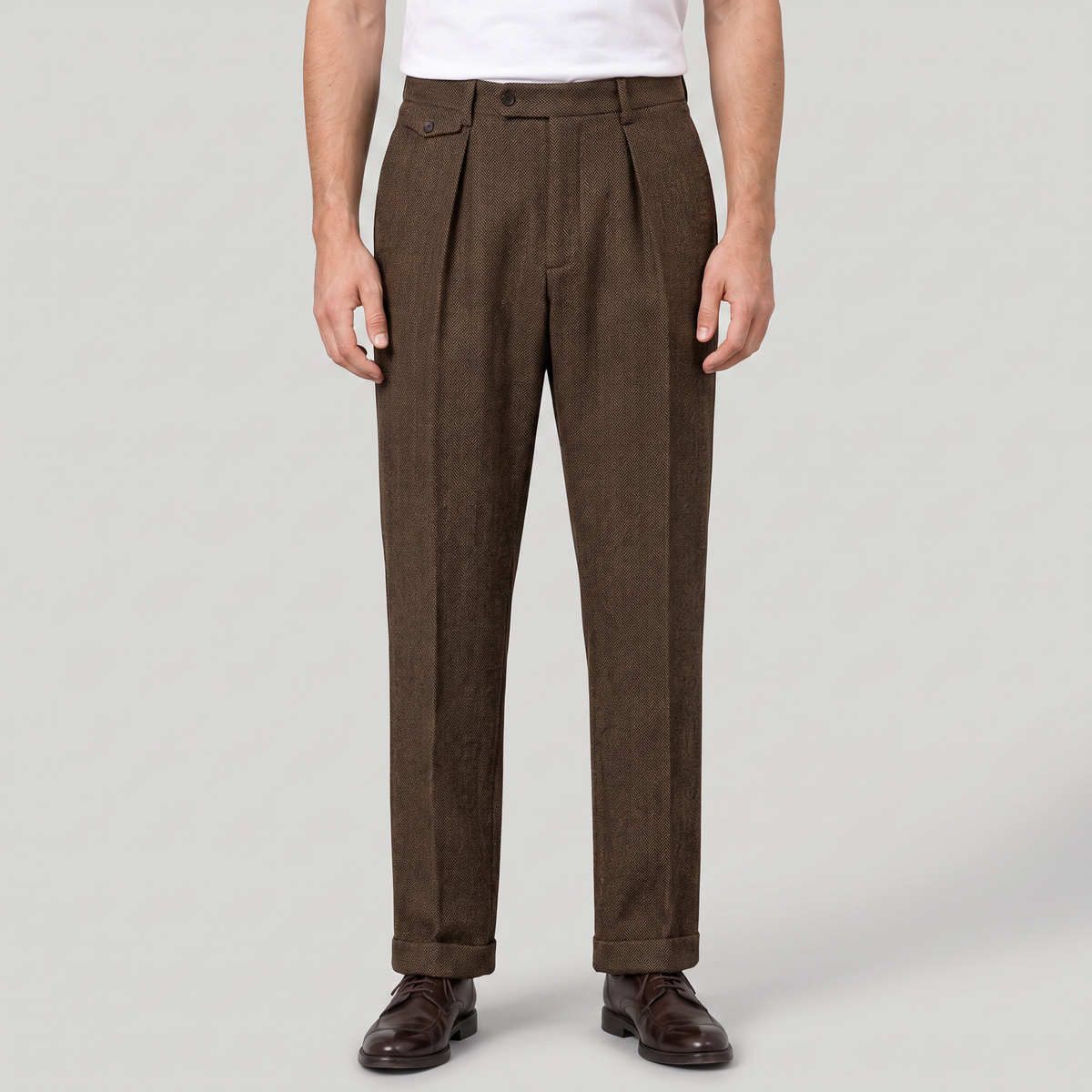 Men's Herringbone Pleated Trousers - Straight Leg Smart